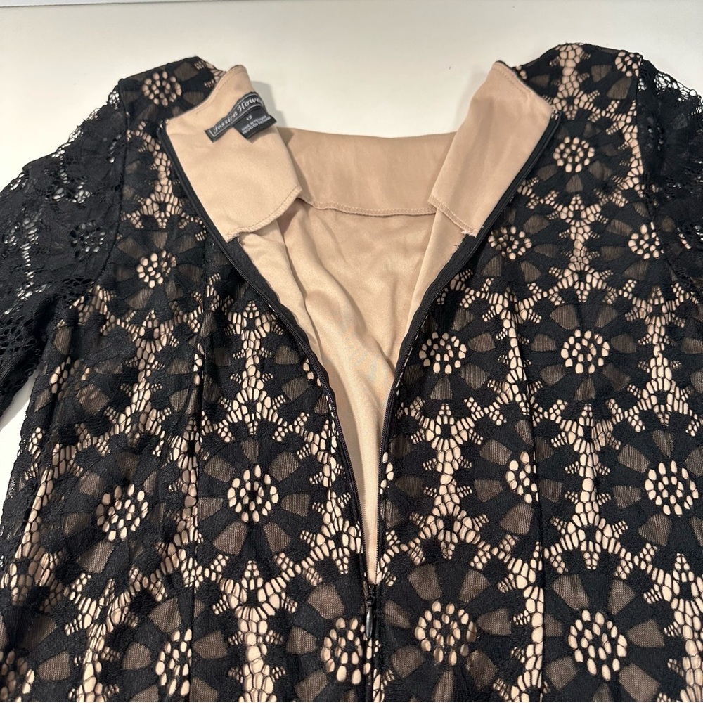 Jessica Howard Black Lace Overlay Sheath Dress Nude Lining 3/4 Sleeve Sz12 Event - Picture 9 of 14